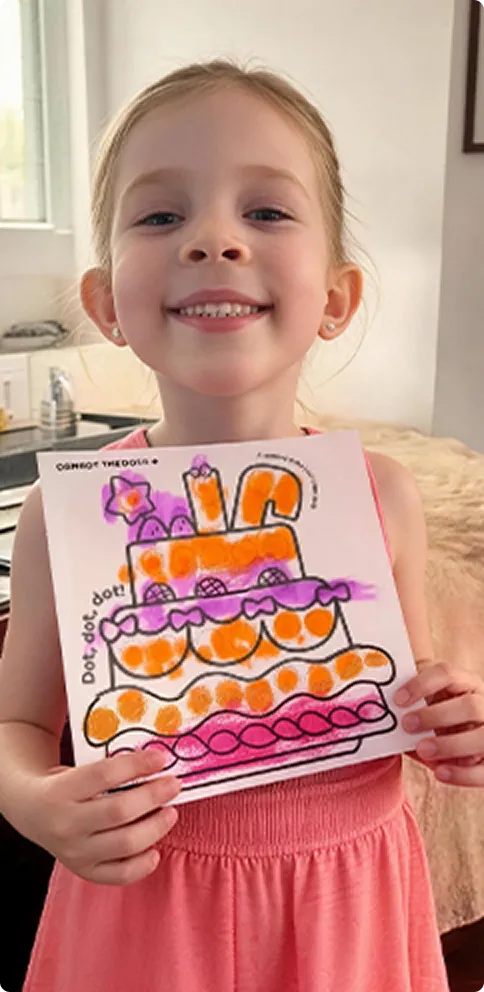 Child in a pink dress presenting a tiered cake artwork